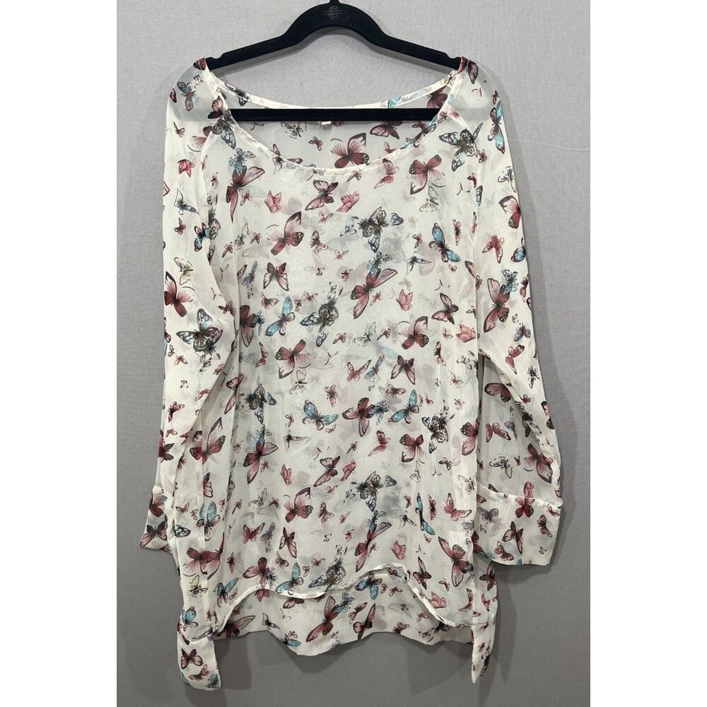 Ketz-ke Clothing Beige Sheer 3/4 Sleeve Flowy Butterfly Print Blouse Size Small